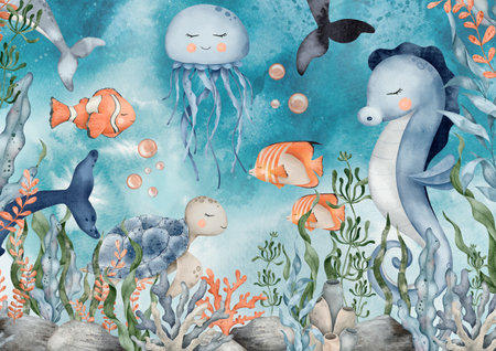 Image of Underwater Animals. Cute undersea bundle with whale, seahorse, jellyfish, turtle, clownfish, shells, algae, corals and bubbles. Hand drawn watercolor illustration of sea Fishの写真素材