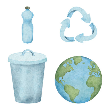 Earth day. Recycling bin, recycling, upcycling and downcycling signs, plastic Water Bottle watercolor drawing isolated on background. Clipart illustration. Hand drawn reuse symbols for ecological design. Zero waste lifestyle.の写真素材