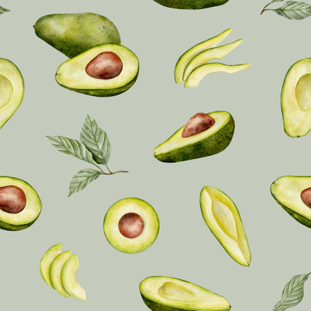 Watercolor avocado seamless pattern. Green vegetable illustration. Hand drawn botanical plant drawing background for pack, textile, fabric and food packaging design.の写真素材