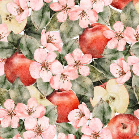 Seamless pattern of fresh red apples with leaves and flowers. Food texture. Repeating red, juicy apples whole. Watercolor Illustration fruit for juice pack, tablecloth, cover, apron, apple picking or foodの写真素材