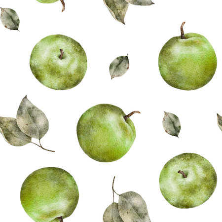 Seamless pattern of fresh green apples with leaves. Food texture. Repeating red, juicy apples whole. Watercolor Illustration fruit for juice pack, tablecloth, cover, apron, apple picking or foodの写真素材