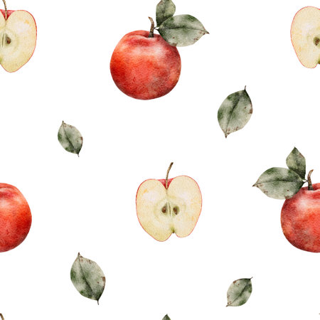 Seamless pattern of fresh red apples with leaves. Food texture. Repeating red, juicy apples whole. Watercolor Illustration fruit for juice pack, tablecloth, cover, apron, apple picking or foodの写真素材