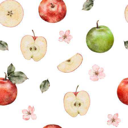 Seamless pattern of fresh red apples with leaves and flowers. Food texture. Repeating red, juicy apples whole. Watercolor Illustration fruit for juice pack, tablecloth, cover, apron, apple picking or food.の写真素材