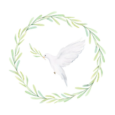 Watercolor white dove and olive branches. White birds in laurel wreath. Pigeon clip art. Hand drawn illustration isolated on background. Decorative design elementsの写真素材