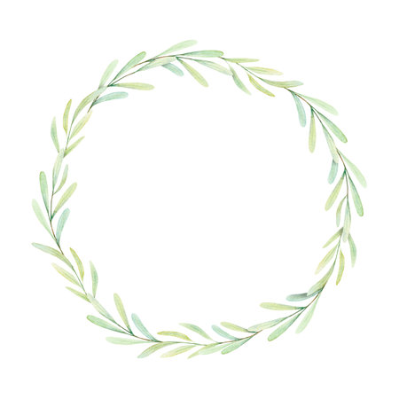 Watercolor Botanical illustration of olive leaves, branch wreath for wedding invitation and cards, logo design, web, social media and posters template. Elegant minimal style floral isolated.の写真素材