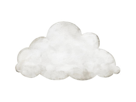 Pastel beige cartoon clouds isolated on background. Hand drawn watercolor illustration for girl or boy childish educational, nursery art. weather icons. Symbols for forecasts of meteorologyの写真素材