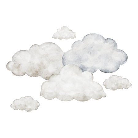 Pastel beige cartoon clouds isolated on background. Hand drawn watercolor illustration for girl or boy childish educational, nursery art. weather icons. Symbols for forecasts of meteorologyの写真素材