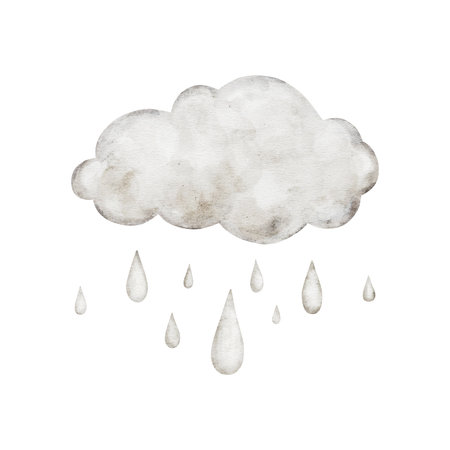Pastel beige cartoon rainy clouds isolated on background. Hand drawn watercolor illustration for girl or boy childish educational, nursery art. weather icons. Symbols for forecasts of meteorology.の写真素材
