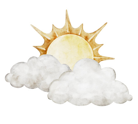 Pastel sun with beige cartoon clouds isolated on background. Hand drawn watercolor sunny illustration for girl or boy childish educational, nursery art. weather icons. Symbols for forecasts of meteorology.の写真素材