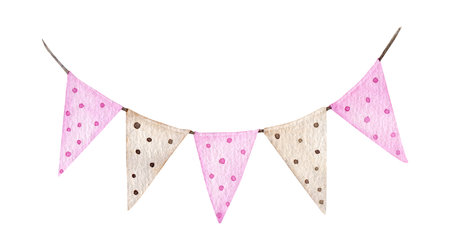 Watercolor pink and beige garland. flags on a rope illustration isolated on white background. Hand drawn Decorative design element for girl Nursery wall art or childish greeting cards, invitationの写真素材