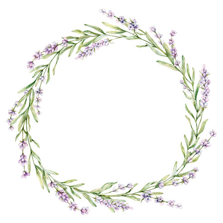 Watercolor wreath of Lavender flower. Floral Clipart. Hand drawn botanical illustration of lavender branch for wedding invitation, logo, cards, packaging and labelingの写真素材