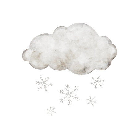 Pastel beige cartoon clouds with snow isolated on background. Hand drawn watercolor illustration or girl or boy Nursery wall art or childish educational, greeting cards, invitation.の写真素材