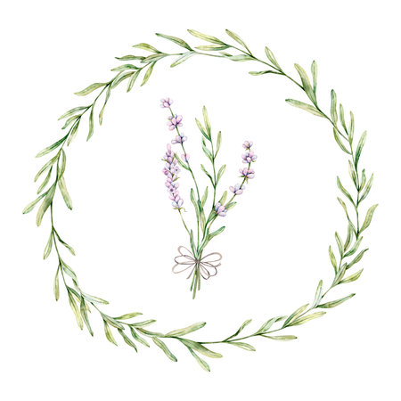 Watercolor wreath and bouquet of Lavender flower. Floral Clipart. Hand drawn botanical illustration of lavender branch for wedding invitation, logo, cards, packaging and labelingの写真素材