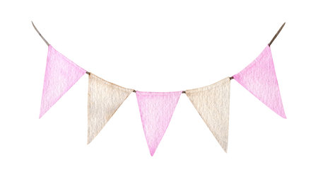 Watercolor pink and beige garland. flags on a rope illustration isolated on white background. Hand drawn Decorative design element for girl Nursery wall art or childish greeting cards, invitationの写真素材