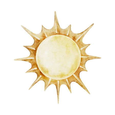 Pastel cartoon sun isolated on background. Hand drawn watercolor sunny illustration for girl or boy childish educational, nursery art. weather icons. Symbols for forecasts of meteorology.の写真素材