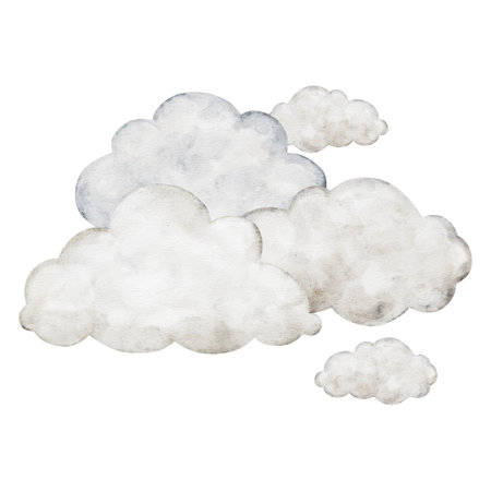 Pastel beige cartoon clouds isolated on background. Hand drawn watercolor illustration or girl or boy Nursery wall art or childish educational, greeting cards, invitationの写真素材