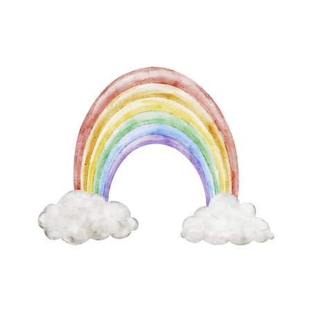 Rainbow in fluffy clouds. Weather watercolor illustration for children. Hand painted art for girl or boy childish educational, nursery art. weather icons. Symbols for forecasts of meteorology.の写真素材