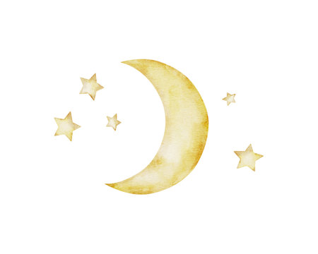 Cute golden stars, Moon and month. Watercolor baby illustration isolated on background. Hand painted clouds for girl or boy childish educational, nursery art. weather icons. Symbols for forecasts of meteorology.の写真素材