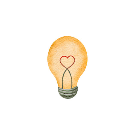 Watercolor yellow light bulb with a heart inside. Hand drawn Illustration for Valentines Day, wedding, anniversary greeting card isolated on backgroundの写真素材