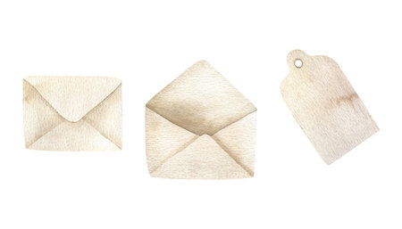 paper envelope, price tag. hand drawn watercolor illustration Isolated on background. The symbol of mail, notifications, greetings and invitations. An element of the design of banners and flyers, cards, posters.の写真素材