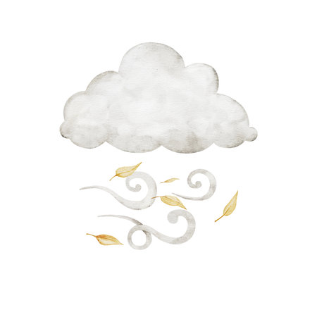 Pastel beige cartoon clouds and wind with fall leaves isolated in the background. Hand drawn watercolor illustration for girls or boys, for childrens creativity. weather icons. Symbols for meteorological forecastsの写真素材