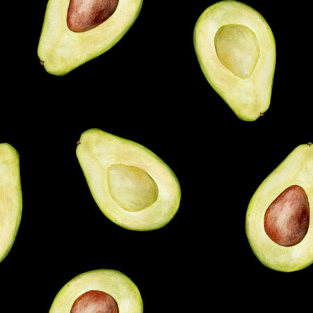 Watercolor avocado seamless pattern on black background. Green vegetable illustration. Hand drawn botanical plant drawing background for pack, textile, fabric and food packaging design.の写真素材