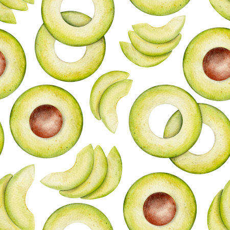 Watercolor avocado seamless pattern on white background. Green vegetable illustration. Hand drawn...