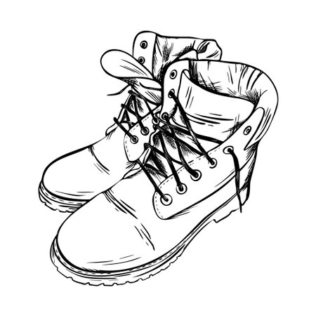 Leather army shoes . Hand drawn vector illustration of hiking boots. Linear drawing of military footwear. Equipment for outdoor activity. Monochrome art.のイラスト素材