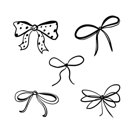 Set of doodle ribbon and rope with bow for gift. Hand drawn Vector illustration in monochrome. Outline Tie for Present black and whiteのイラスト素材