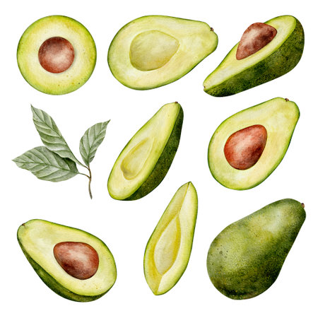 Big set of Watercolor avocado illustration. Hand drawn botanical drawing. Half and slice fruit with leaves and seed. Green plant for food, cosmetic packaging design, card, invitation.の写真素材