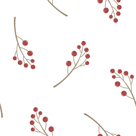Seamless botanical pattern with ashberry branches. Hand drawn flat Rowan berries. Minimalist autumn background. Fall print for fabric, textile, wallpaper, packaging.の写真素材