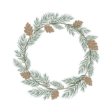 Wreath of pine branch and cones. Botanical elements twig of conifers evergreen tree. Hand drawn illustration isolated on background for cozy Christmas invitation, cardの写真素材