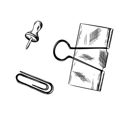 Vector illustration of office supplies. Outline Set of binder clips, paper clips and pushpins in monochrome. Hand drawn Engraving design for office, organization, stationery themesのイラスト素材
