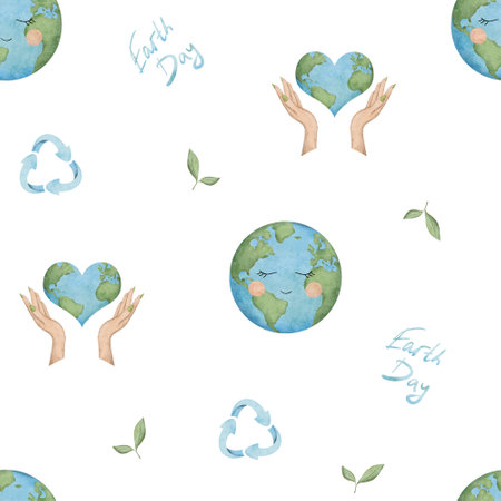 Seamless pattern of Happy Earth Day. International Mother Earth Day design. Watercolor hand drawn illustration for fabric, textile, wallpaper, packaging. Recycling, upcycling and downcycling signsの写真素材