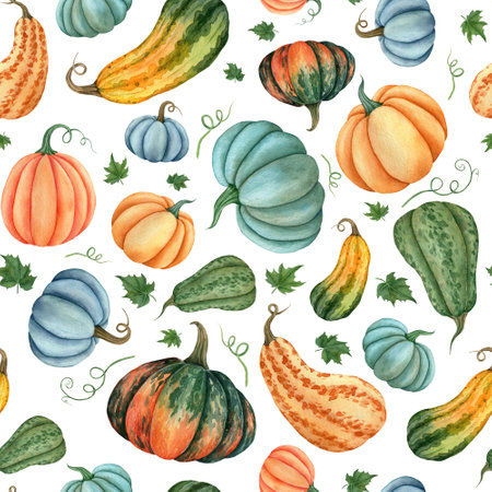 Watercolor seamless pattern of pumpkins orange, blue and green colors with leaves. Hand drawn illustration vegetable for fabric, textile, wallpaper, packaging. Botanical print for the designの写真素材