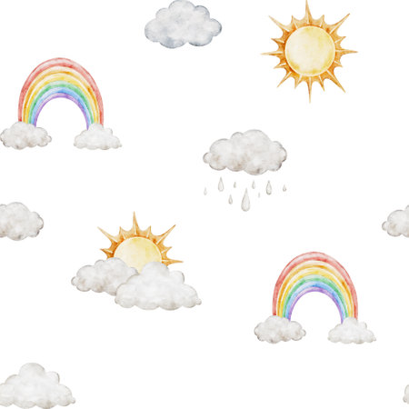 Children seamless pattern with rainbows, sun, and fluffy rain clouds for fabrics, clothing, holidays, packaging paper, decoration. Watercolor hand drawn illustration.の写真素材
