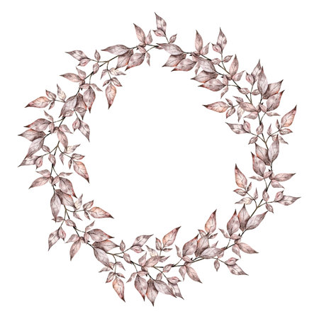 Pink branches wreath with leaves on isolated background. Watercolor drawing of Dried grass for invitations or seasonal greeting cards Botanical element for rustic designの写真素材