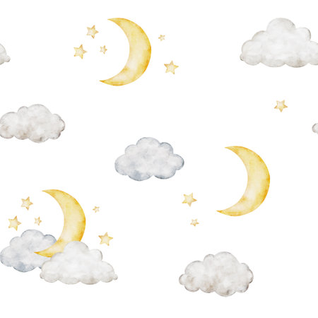 Crescent moon, clouds and stars. Cute seamless pattern. Watercolor Isolated weather baby illustration. Childrens celestial background for kids goods,linen, pajamas and childrens roomの写真素材