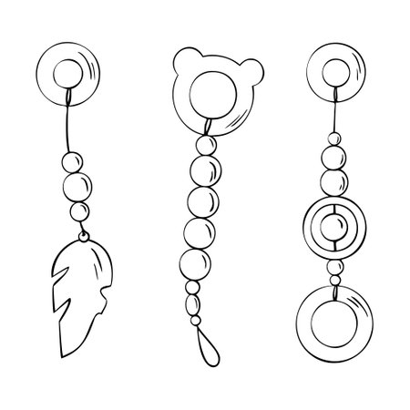 Set of baby accessory. Sketch of Children teething toys. Hand Drawn linear art. Engraving illustration rattle Nursery decor, wooden toys for party, birthday invitation, baby shower, tags, printingのイラスト素材