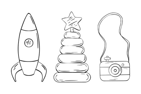 Set silhouette of baby wooden toys. Sketch of Children Wooden rocket, camera and pyramid. Hand Drawn linear art. Engraving illustration for party, birthday invitation, baby showerのイラスト素材