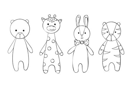 Vector Set of children soft toys. Sketch of baby dolls Fluffy bear, bunny, giraffe and tiger. Hand drawing engraving animal illustration for card, invitation, baby shower, poster, printing.のイラスト素材