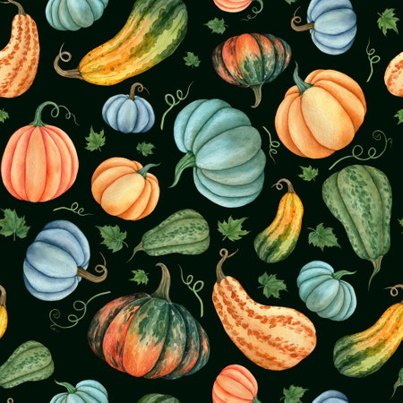 Watercolor seamless pattern of pumpkins in orange, blue and green colors with leaves. Hand drawn illustration of vegetables for fabric, textile, wallpaper, packaging. Botanical print for design for agribusiness on a black backgroundの写真素材