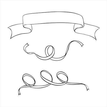 Vector Set of banner and ribbons, Hand drawn Outline illustration. Engraving black and white design for greeting card, invitation, tags, printingのイラスト素材