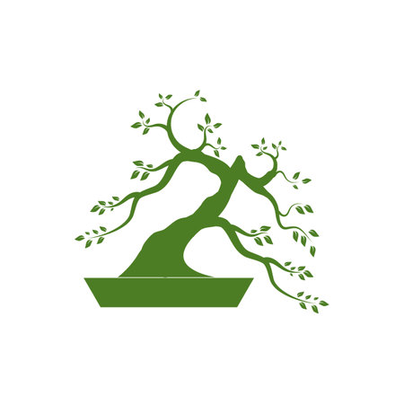 Oriental Bonsai Art, Japanese Mini Small Plant Tree on Pot Silhouette logo design vectorのイラスト素材