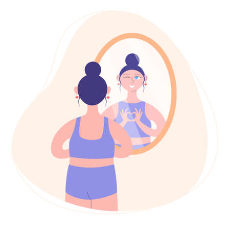 The girl looks in the mirror and shows her reflection a heart gesture. Character woman watch mirror and admires. Self-confidence.のイラスト素材