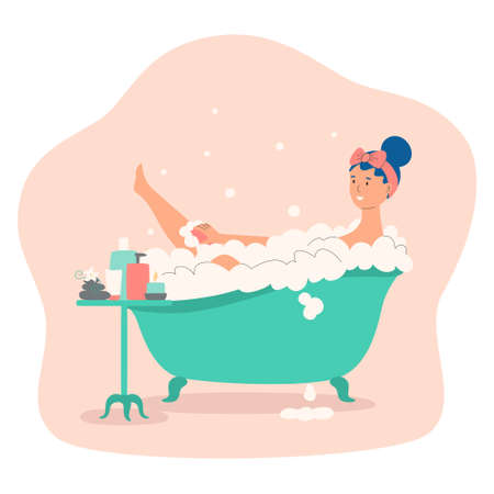 Woman taking a bath with bubble. Hygiene and beauty, bodycare. Girl washes body.のイラスト素材