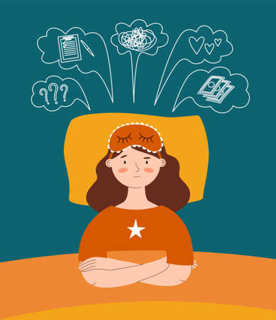 Insomnia vector illustration. Young woman lies in bed with open eyes and different thoughts. Sleepless girl.のイラスト素材