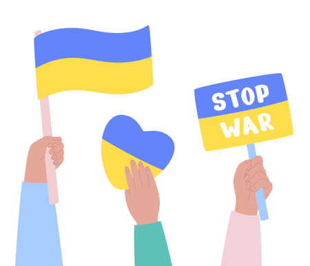 No war in Ukraine vector poster. Ukraine support signs in people's hands. Community support of Ukraine concept.のイラスト素材