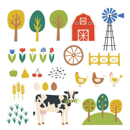 Farm illustrations set. Villiage objects: trees, flowers, fruits, cow, chickens, miln, wheat, eggs, fence, wheel and barn. Vector flat illustrationsのイラスト素材