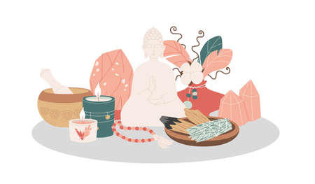Subjects for yoga and meditation practice, rest and relaxation. Red Himalayan salt, Buddha statuette, Tibetan sound bowl, rosary, Palo Santo sticks, sage, crystals, candles. Vector illustration.のイラスト素材